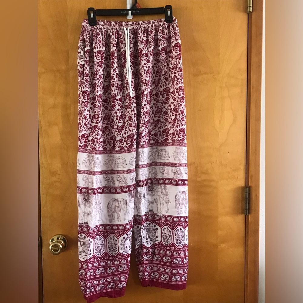Bohemian Elephant Print Wide-Leg Pants in Burgundy and White
